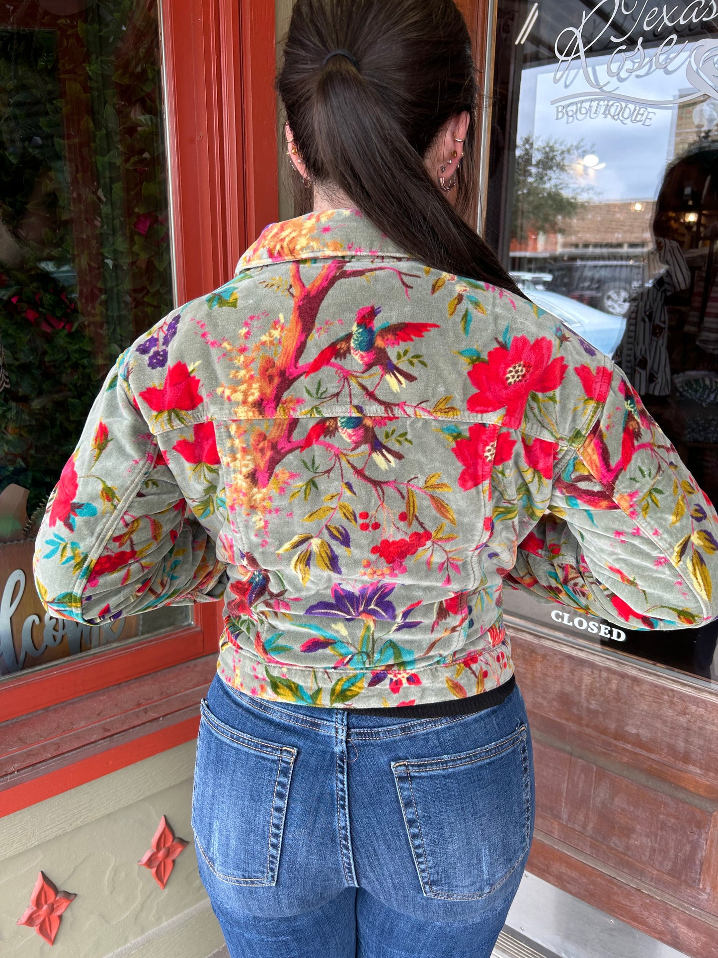 Bird Print Velveteen Jacket