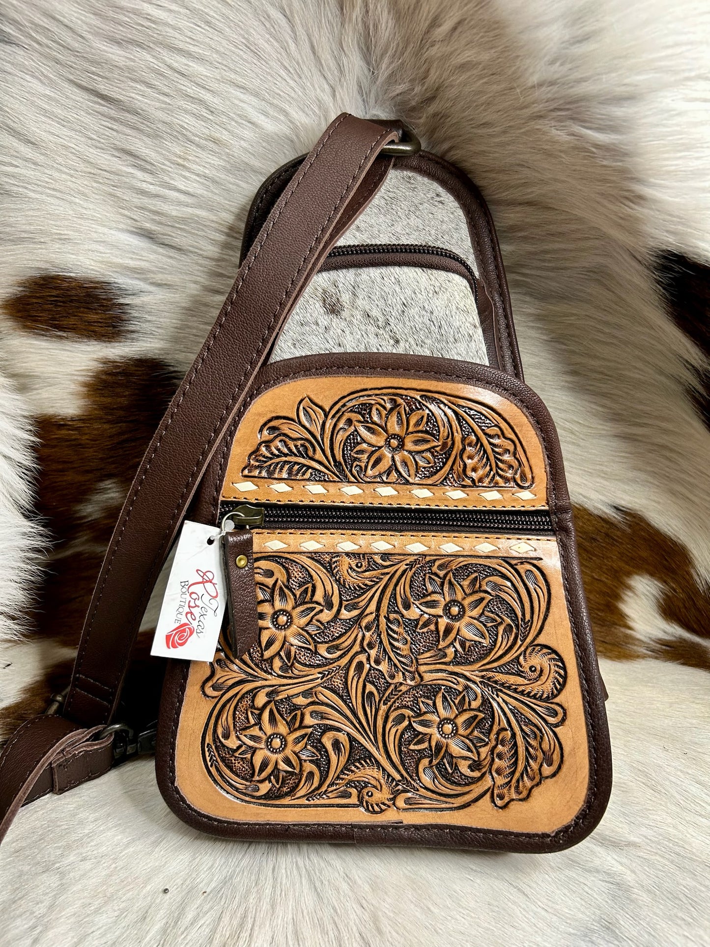 Tooled/Cowhide Small Sling Bag