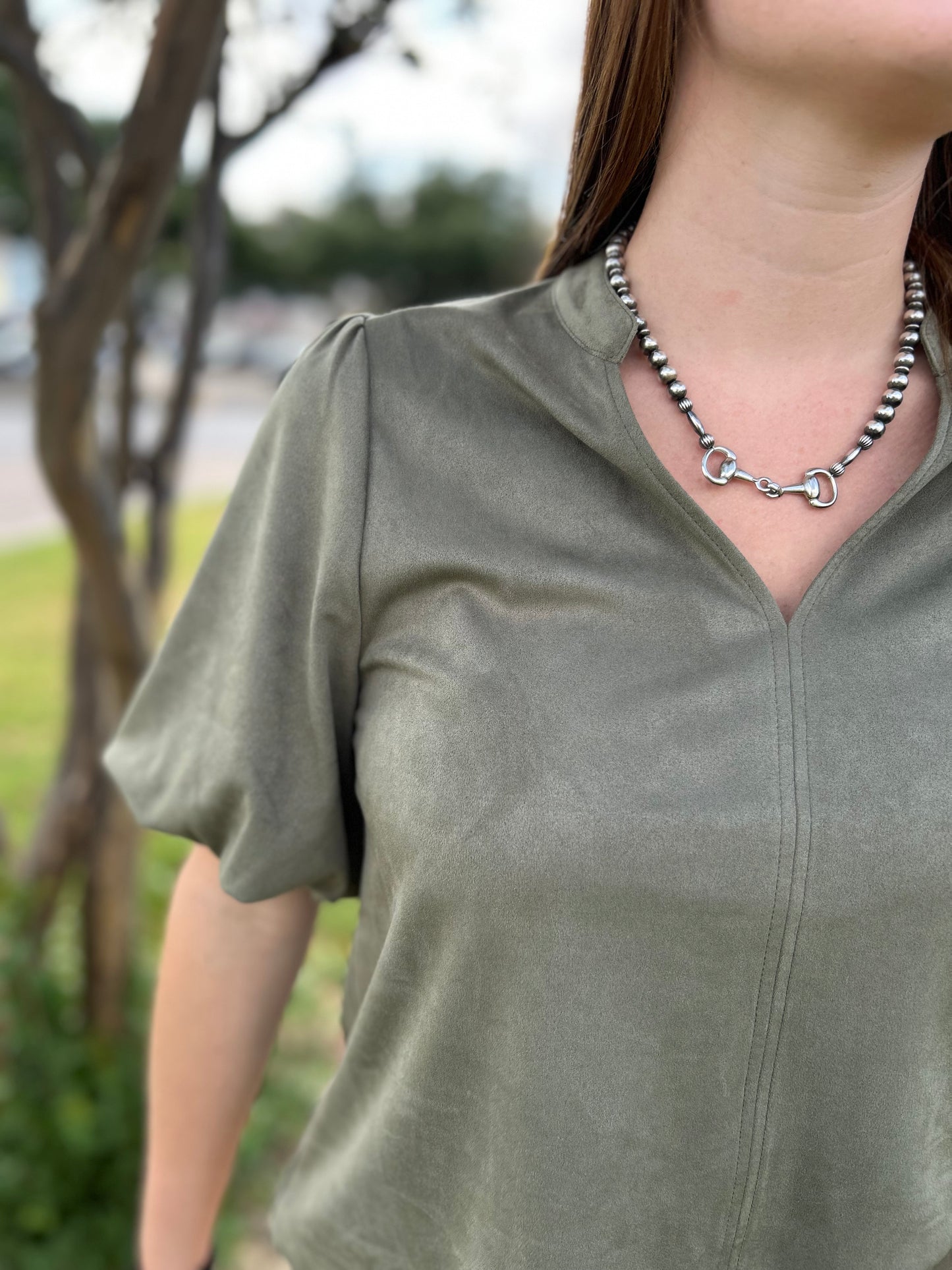 Faux Suede Poof Sleeve Top