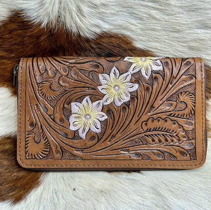 White Floral Tooled Wallet