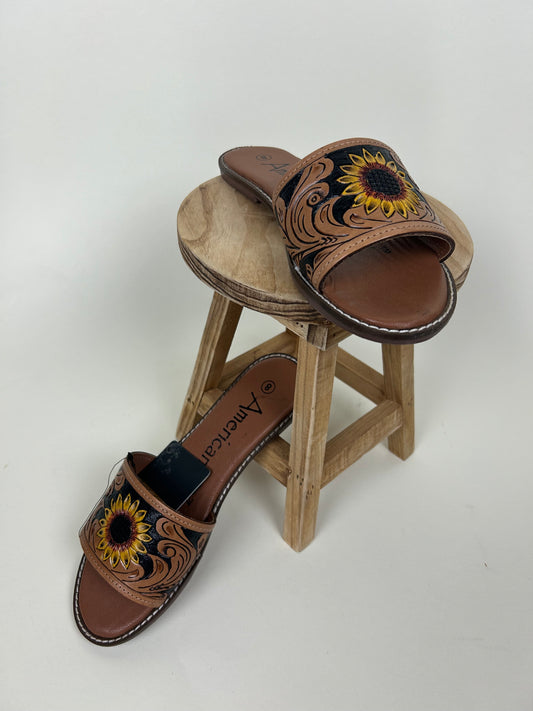 Tooled Leather Sunflower Slides