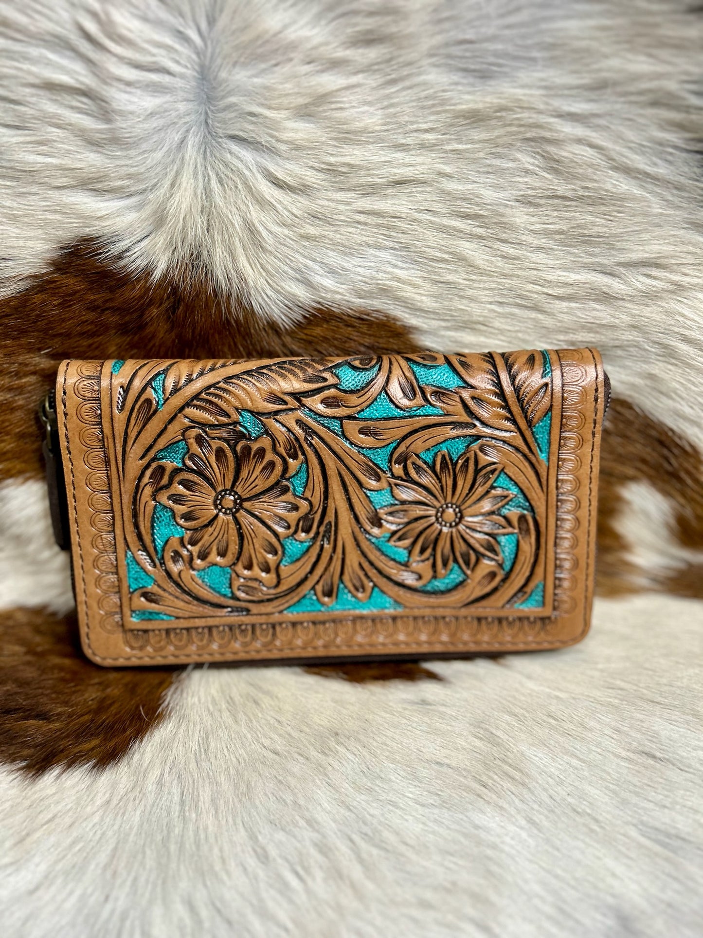 Turquoise Floral Tooled Wallet