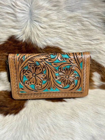 Turquoise Floral Tooled Wallet