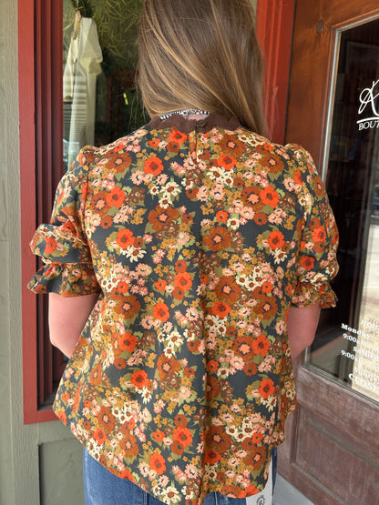 Floral Ric Rac Top - Brown