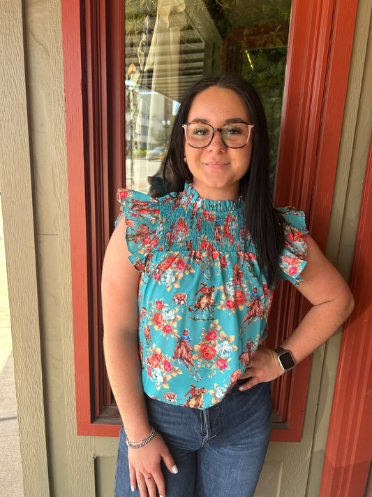 Western Rose Top - Turquoise