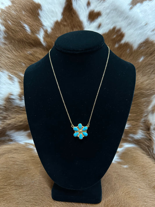 14K Gold Turq Flower Necklace
