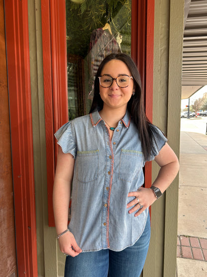 Whipstitch Denim Blouse