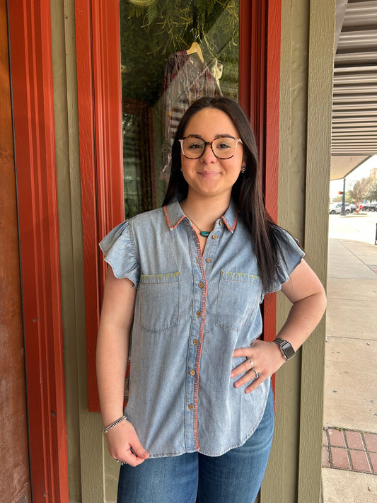Whipstitch Denim Blouse