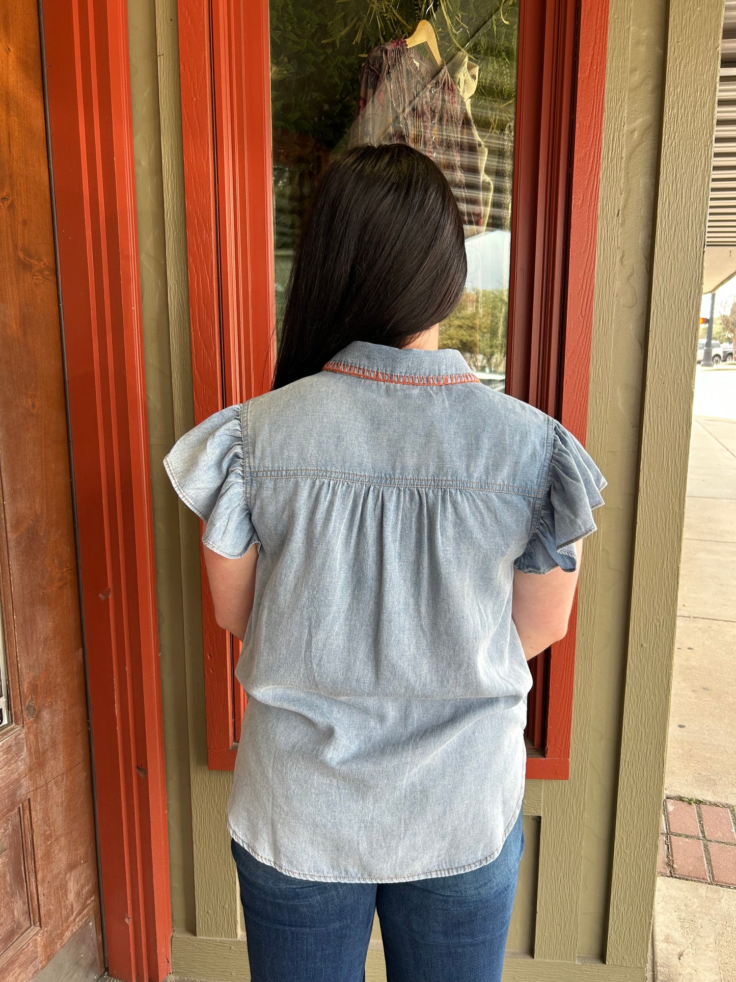 Whipstitch Denim Blouse
