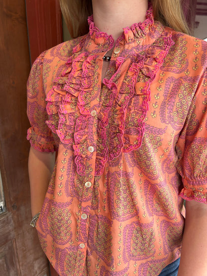Eyelet Ruffled Shirt - Coral