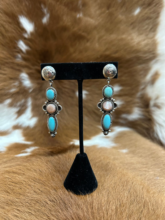 Turquoise - Pink Pearl Drop Earrings