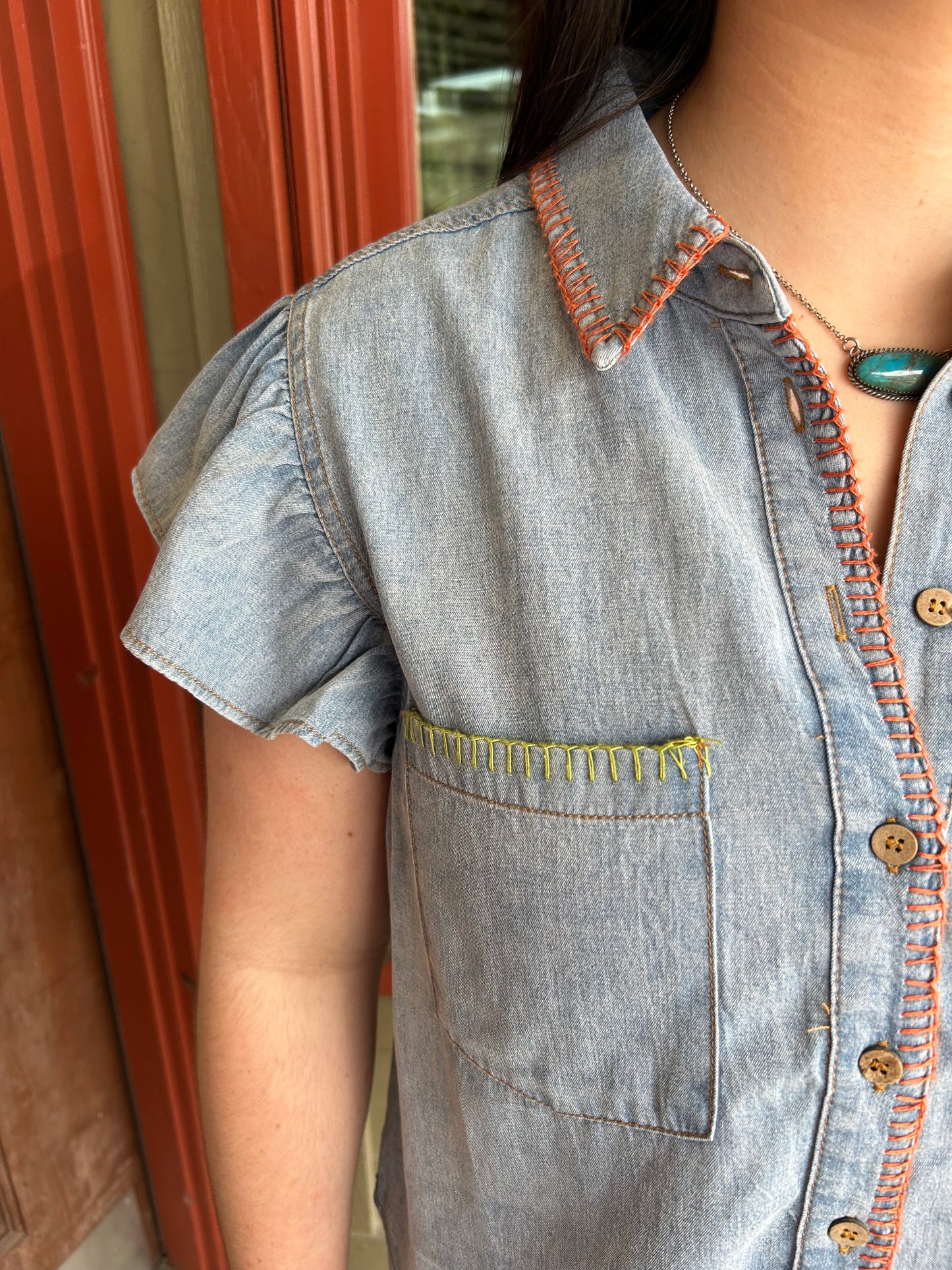 Whipstitch Denim Blouse