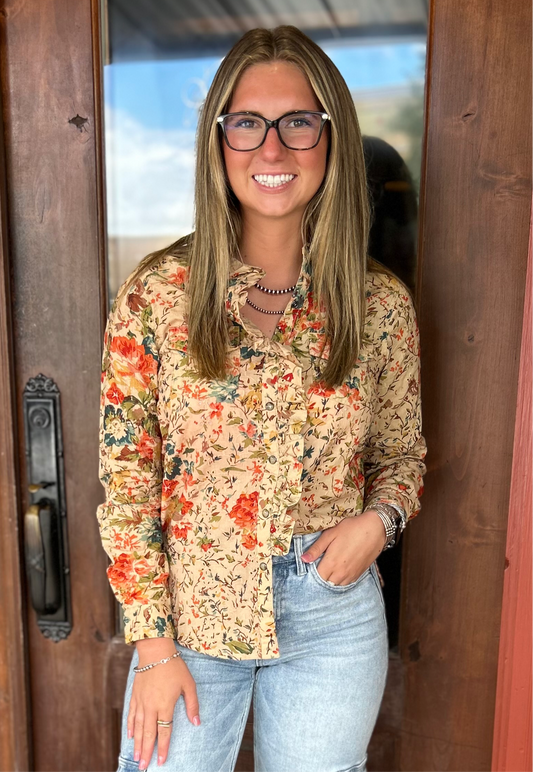 Tan Eyelet Floral Snap Shirt