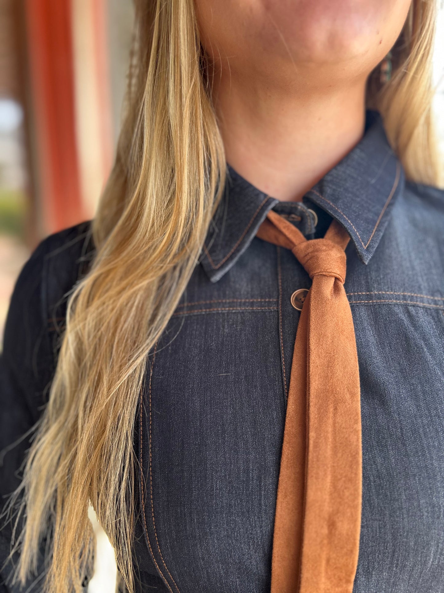 Suede Neck Tie Denim Shirt