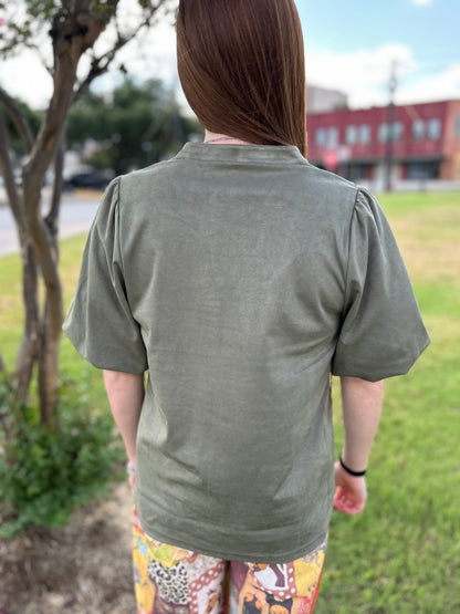 Faux Suede Poof Sleeve Top