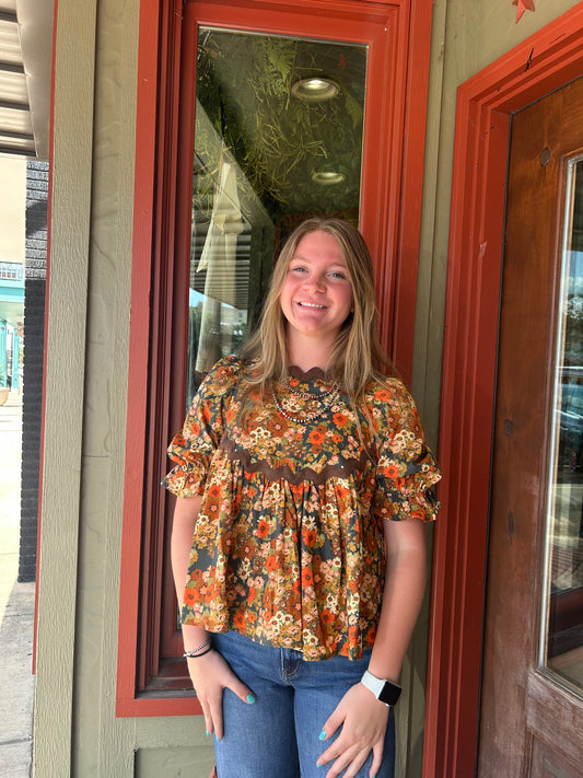 Floral Ric Rac Top - Brown