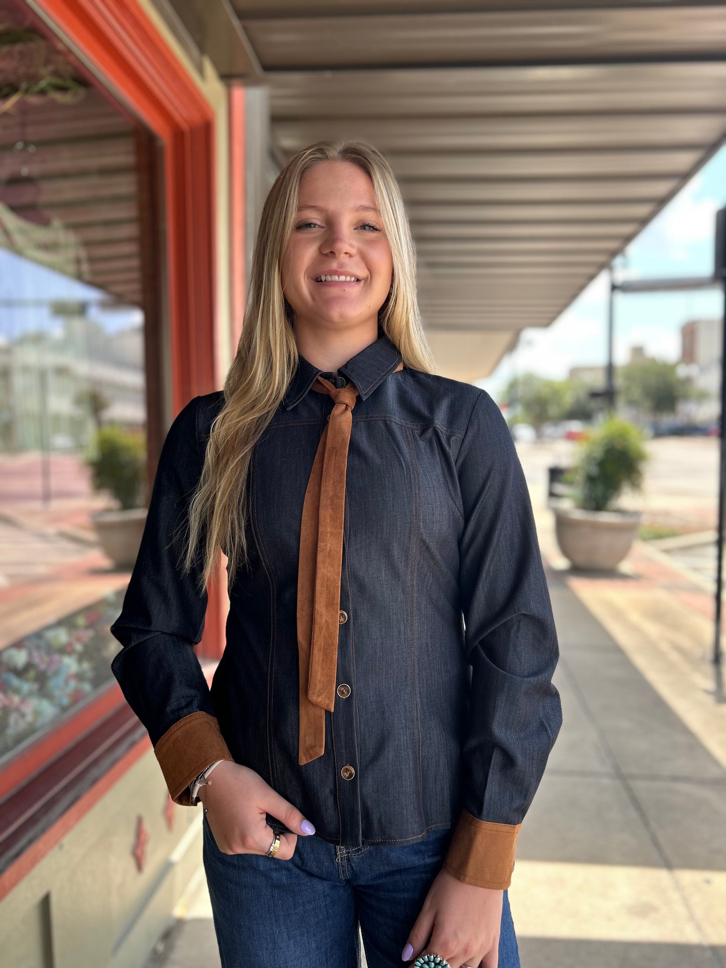Suede Neck Tie Denim Shirt