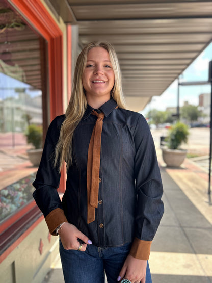 Suede Neck Tie Denim Shirt