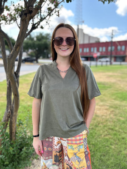 Faux Suede Poof Sleeve Top