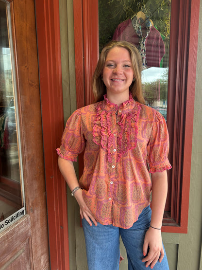 Eyelet Ruffled Shirt - Coral