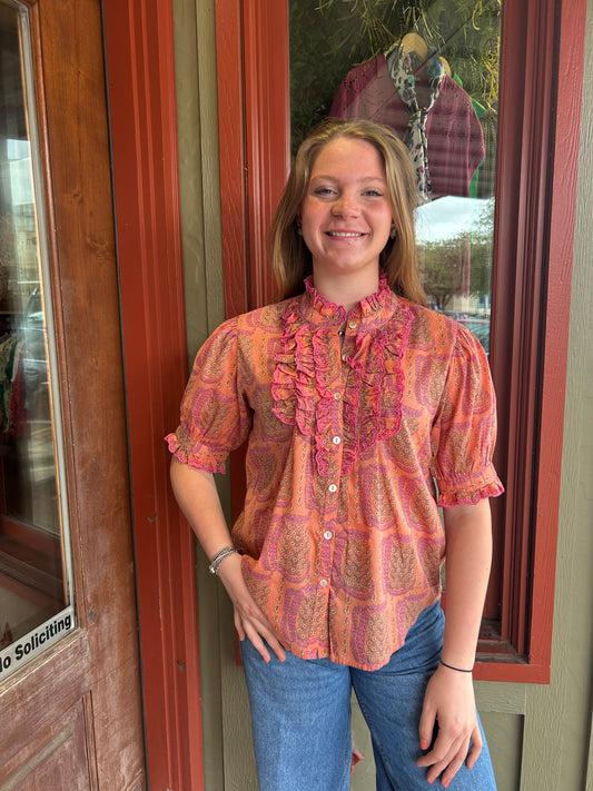 Eyelet Ruffled Shirt - Coral