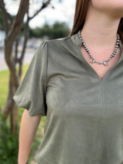 Faux Suede Poof Sleeve Top