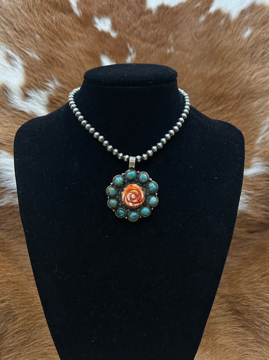 10 Turq Stone W/ Rose Center Pendant