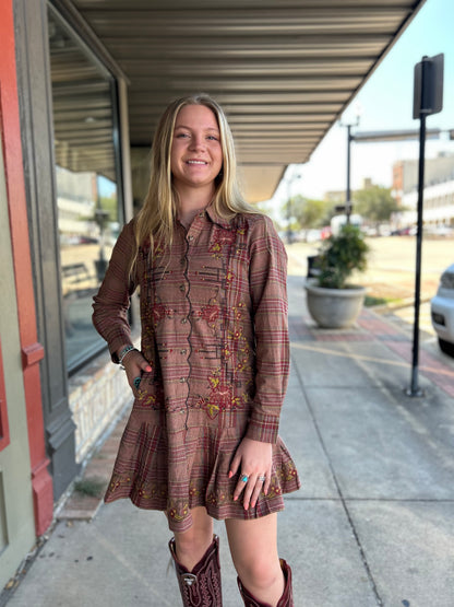 Plaid Emb Dress W/ Pleats