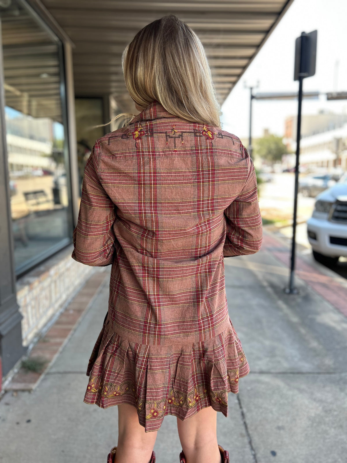 Plaid Emb Dress W/ Pleats