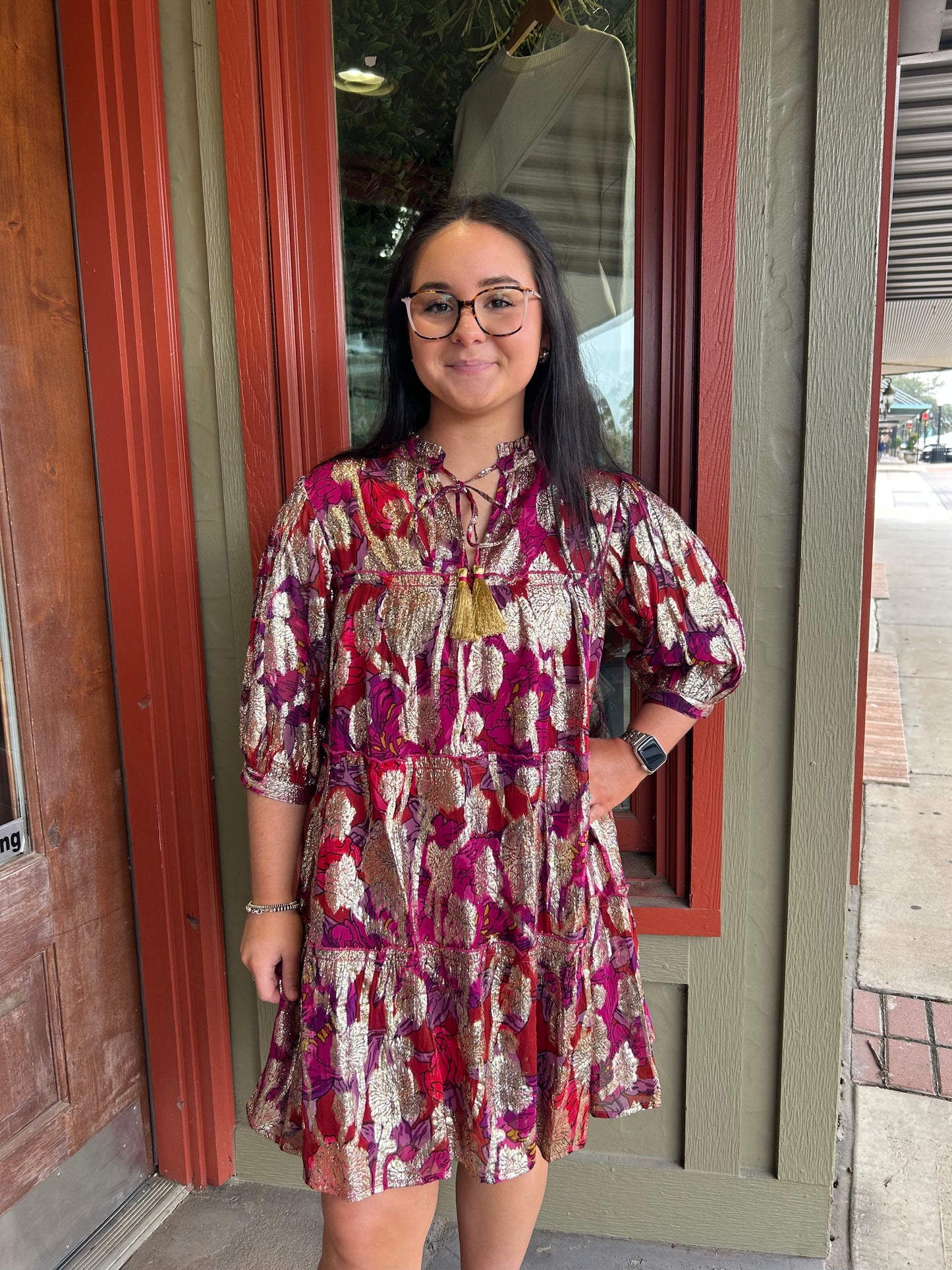 Metallic Print Tiered Dress