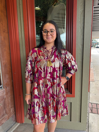 Metallic Print Tiered Dress