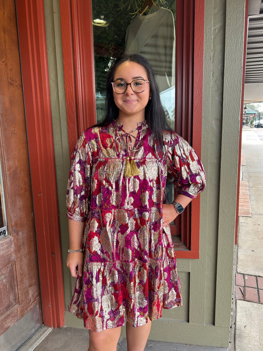 Metallic Print Tiered Dress