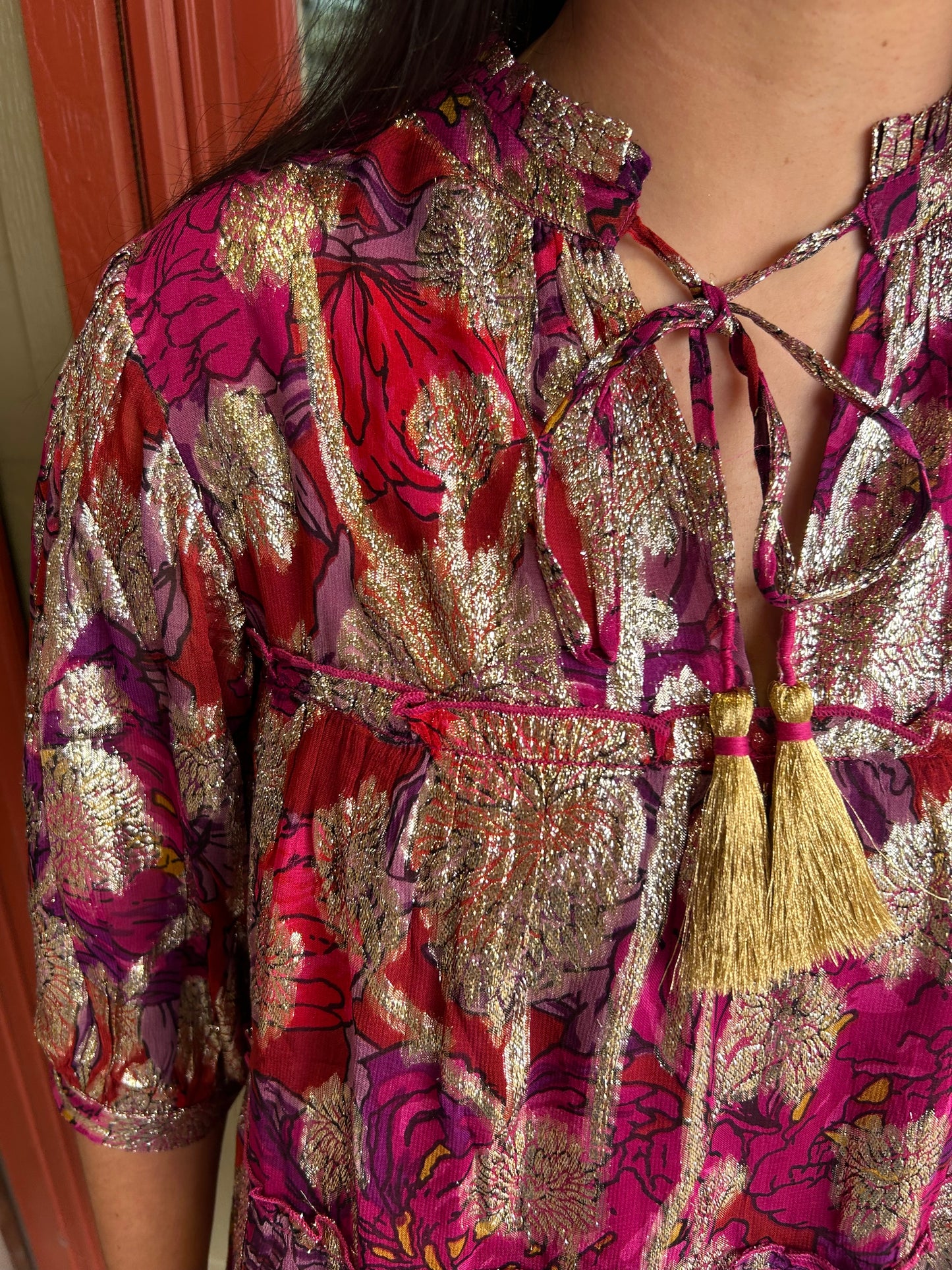 Metallic Print Tiered Dress