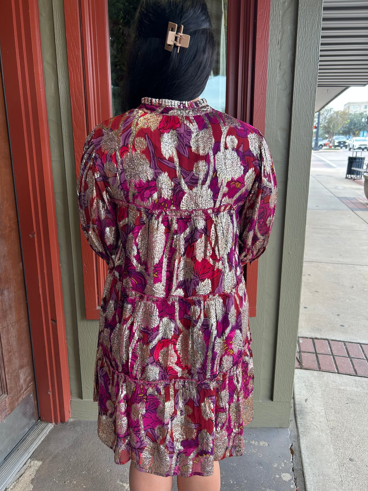 Metallic Print Tiered Dress