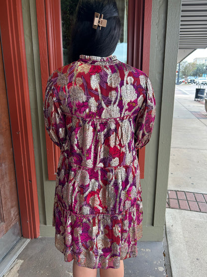 Metallic Print Tiered Dress