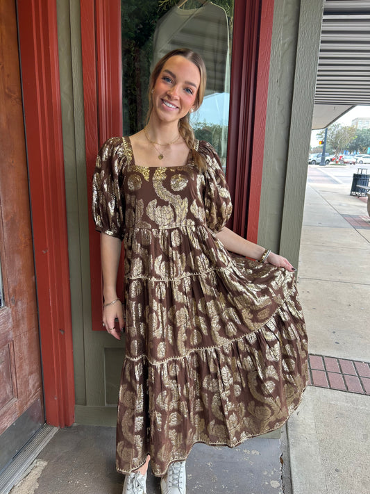 Metallic Roses Midi Dress