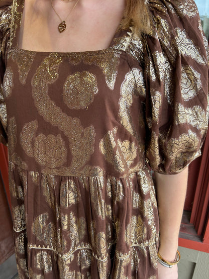 Metallic Roses Midi Dress