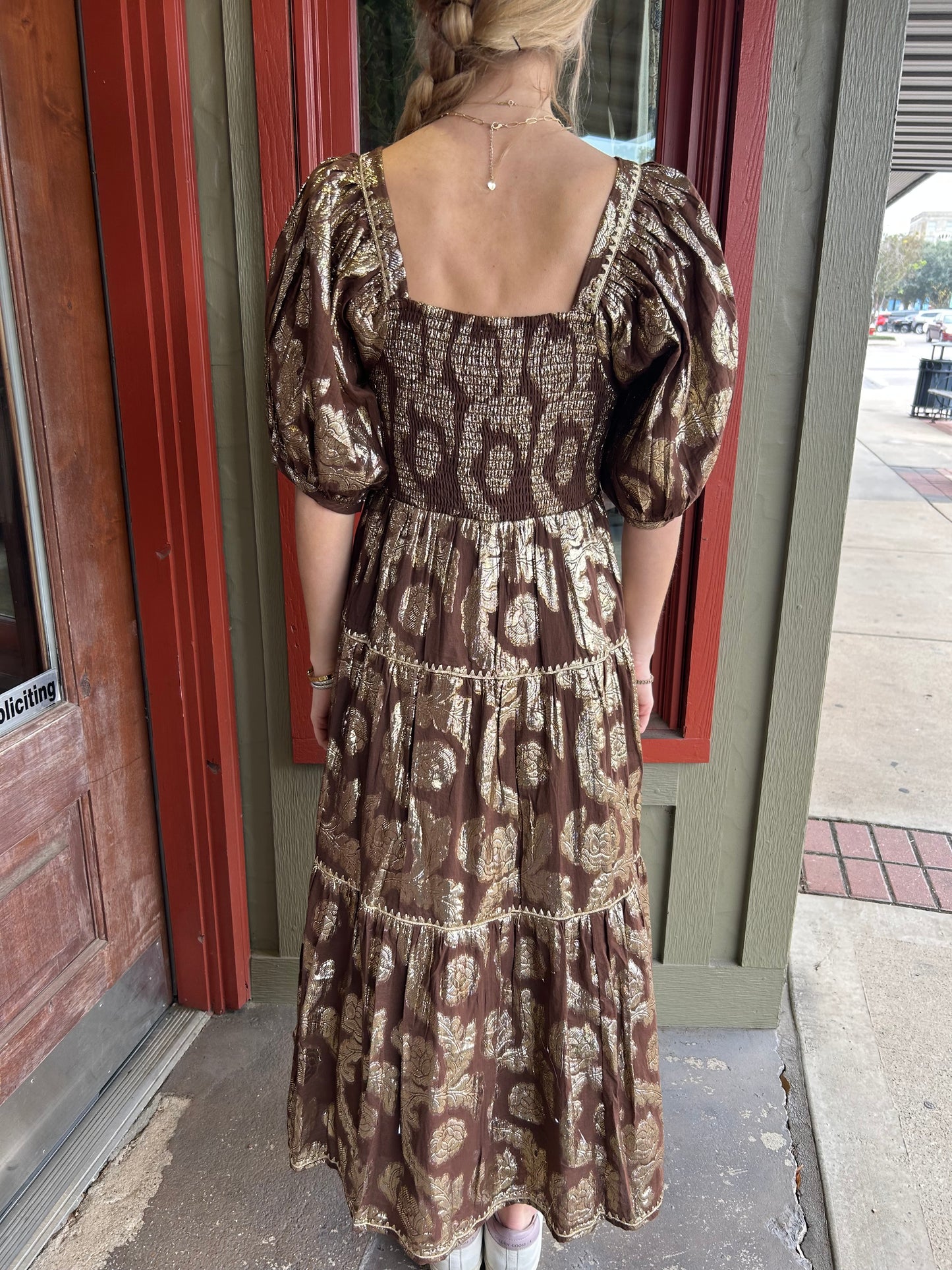 Metallic Roses Midi Dress