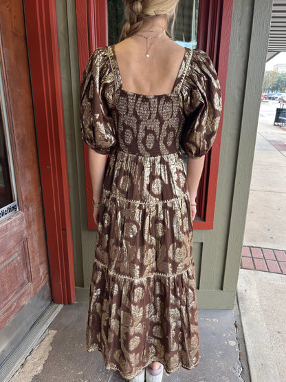 Metallic Roses Midi Dress