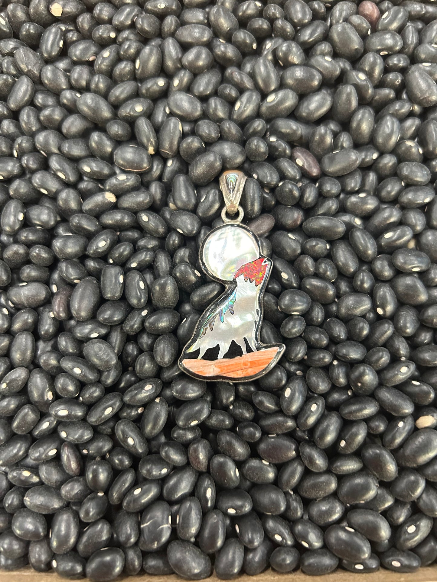 Pearl Inlay Howling Wolf Pendant