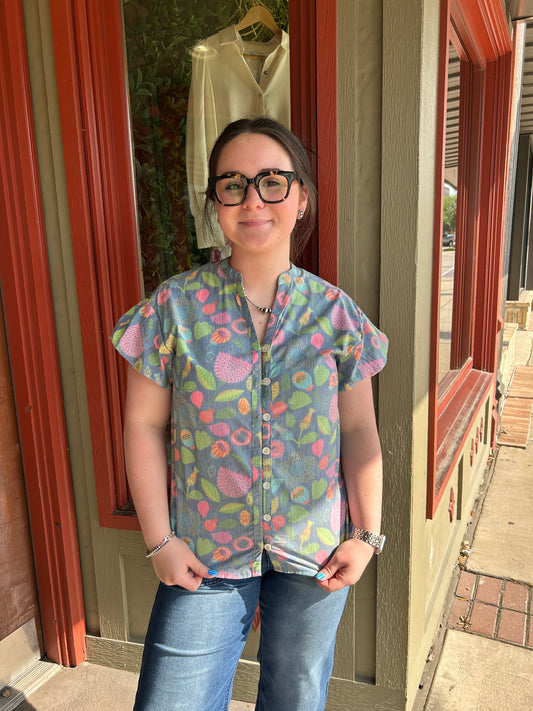 Navy Pouf Sleeve Top