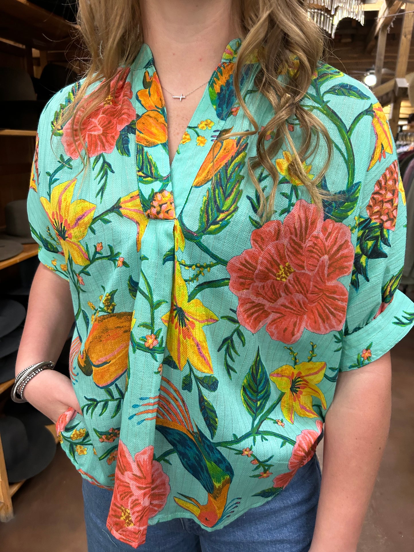 Popover Dolman Top - Aqua Flor