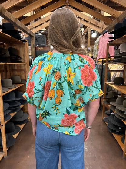 Popover Dolman Top - Aqua Flor